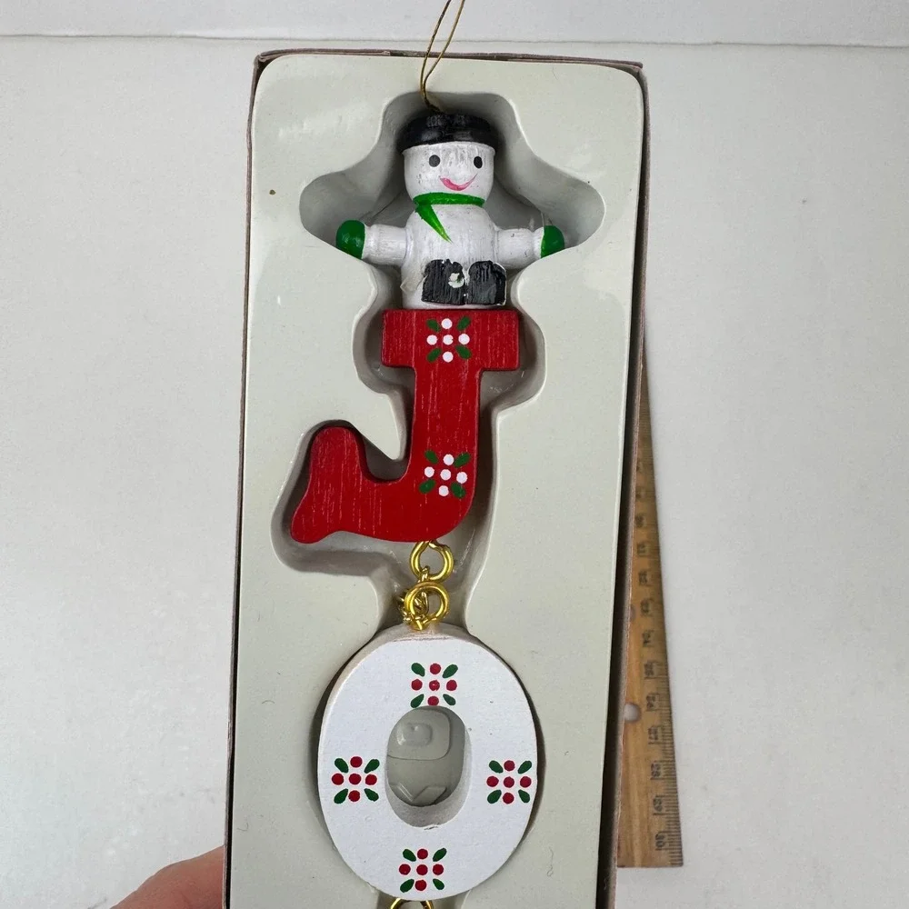 Vtg Christmas Expressions Joy Wood Hanging Ornament‎ w Gold Accents Bell Snowman